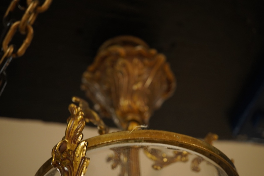 A French gilt brass and engraved glass lantern, 47cm high. Condition - fair/good